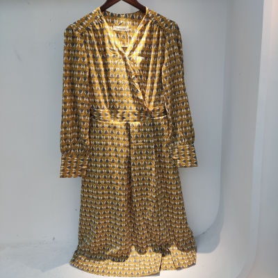 SHENGPALAE Fashion Chic Print Dress Womens Autumn  New V-neck Single Button Waist Puff Sleeve Mid-calf Dresses Female Tide