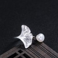 S925 Sterling Silver Pearl Ring Female Fashion Personality Retro Cold Wind Classical Ethnic Style Ginkgo Open Ring