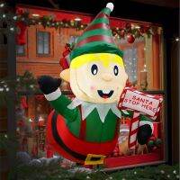 3.5 Ft Christmas Inflatable Elf with Guidepost Broke Out from Window Built-in LED Lights Xmas Blow up Decor for Yard Decor