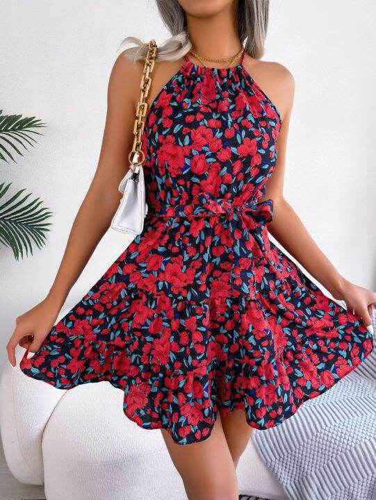 women-summer-casual-floral-print-ruffle-halter-dress