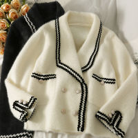 2022 New Mink Cashmere Loose Sweater Cardigan Jacket Women Autumn and Winter Bright Silk Stripe Thicken Short Knitted Coat Top