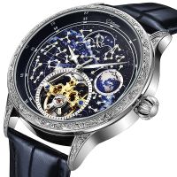 ⌚นาฬิกาผู้ชาย Tourbillon หน้าปัดกลไกอัตโนมัติลายโครงกระดูกแนวธุรกิจนาฬิกาหนังกันน้ำ