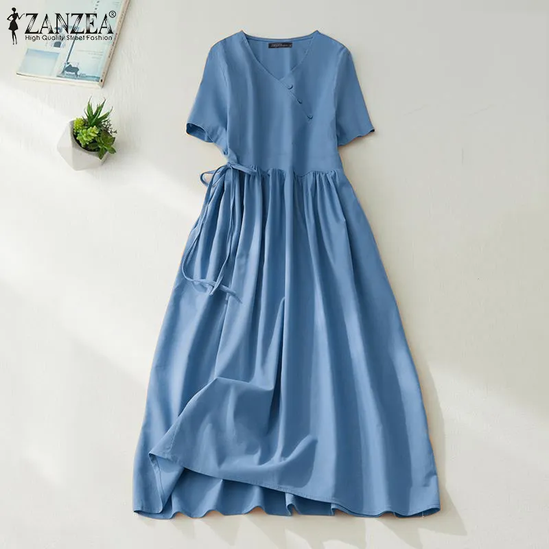 www. - Plus Size - Women Clothing Summer Dress Blue A-line Loose Women  Dress Lace Casual