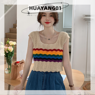 HUAYANG01 [2023 new HOT FASHION] lazlook เสื้อชั้นในสตรีถักลายทางแขนกุดสีลายทางวินเทจฤดูร้อน