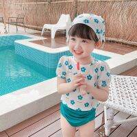 2023 Summer Infant Girls Clothes Set Floral Printed Puff Sleeve Baby Girl Swimsuit Solid Stretch Shorts Include Swimming Cap