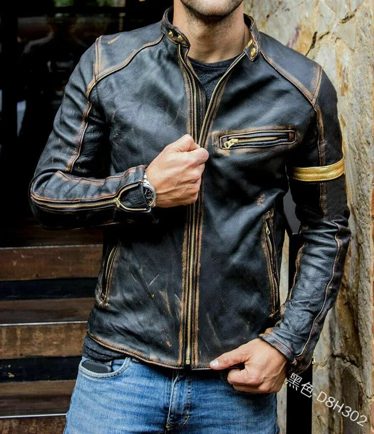 2020 Fashion Men'S Distressed Black Biker Vintage Motorcycle Cafe Racer  Real Leather Jacket Autumn Winter Long Sleeve Jacket Plus Size | Lazada  Singapore