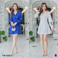 MM16942 มินิเดรสเชิ้ต แขนยาว เชือกเอว ลายดอก Mini dress, long sleeve shirt, drawstring waist, floral pattern..