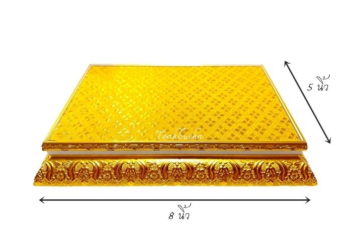 ฐานวางพระรุ่นสีทอง ขนาด 8x5 นิ้ว แบบหนา 2 ชั้น พื้นผ้าเลื่อมทอง กรอบไม้สีทองลายดอกไม้ รุ่นผ้าเลื่อมสีทอง
