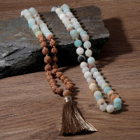 OAIITE Natural Amazonite Stone Bohdi Beaded Knotted Necklace 108 Mala Bead Long Tassel Buddhist Spiritual Boho Jewelry Yoga Gift