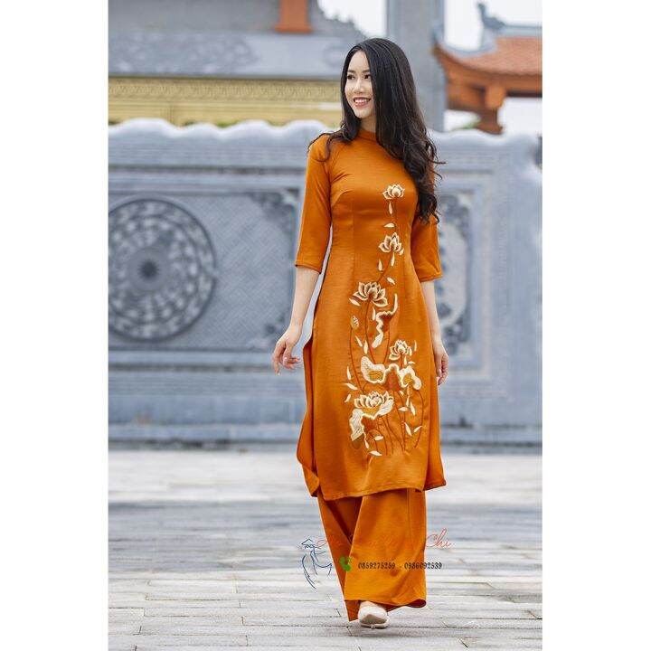 innovative-ao-dai-for-temple-ceremonies-with-embroidered-pattern-2cm-neck-with-missed-sleeves-the-whole-set