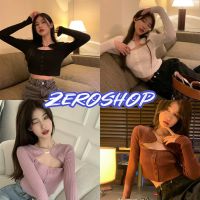 Zero shop?พร้อมส่ง? (Zero-5A40)  เสื้อไหมพรมแขนยาว เว้าหน้าอกเล็ก ผ้าร่องใส่สบายมาก