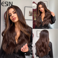 ESIN Synthetic Hair Long Water Wave Ombre Dark Brown Middle Part Wigs for Women Natural Party Heat Resistant