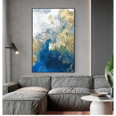 ภาพตกแต่งศิลปะตกแต่งห้องนั่งเล่นผ้าใบนอร์ดิกติดผนังมหาสมุทรแบบนามธรรมทันสมัยสีฟ้าทอง0717