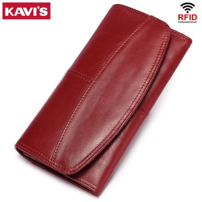 （Layor wallet）  KAVIS RFID หนังวัวผู้หญิงคลัทช์กระเป๋าสตางค์ยาวสไตล์สุภาพสตรีหญิงกระเป๋าเงินเหรียญ Portomonee หนีบสำหรับโทรศัพท์กระเป๋าสาวกระเป๋าที่มีประโยชน์