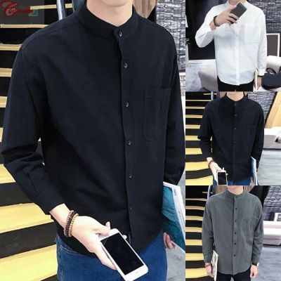 CODTheresa Finger Men Cotton Linen Casual Slim Long Sleeve Business Stand-up Collar Shirt