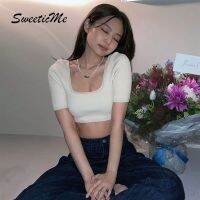 Sweeticme เสื้อยืดลําลอง สําหรับสตรีแขนสั้นคอเหลี่ยม