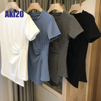 Aki20เกาหลีเสื้อผู้หญิง All-Match สีทึบแขนสั้นเสื้อยืดผู้หญิง2023ฤดูร้อนออกแบบใหม่เสื้อแฟชั่นอินเทรนด์ผู้หญิงเสื้อ