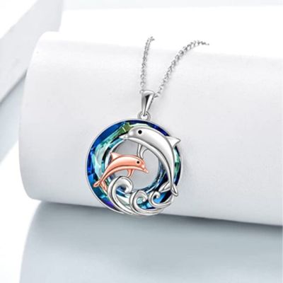 JDY6H Ladies Fashion Animal Pendant Necklace Cute Mother Daughter Dolphin Crystal Jewelry Anniversary Birthday Mother Day Gift