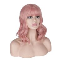 [COD] explosive wig and headgear short curly hair pink air bangs chemical fiber female wigs