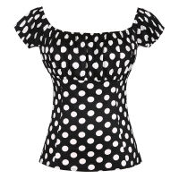 2021 Retro Vintage 50s Tops Black Summer Short Sleeve Polka Dot Printed Cotton Shirts Slash Neck Pin Up Casual Womens Blouses