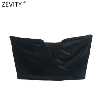 Zevity Women Chic V Neck Strappless Velvet Camis Tank Ladies Summer Pleated Design Side Zipper Short Slim Crop Tops LS9932