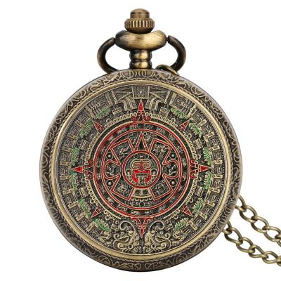 นาฬิกาพกควอตซ์เคลือบทองสัมฤทธิ์สไตล์ปฏิทิน Aztec มายาจากเม็กซิกันพร้อมสร้อยคอขนาด80ซม./38ซม.