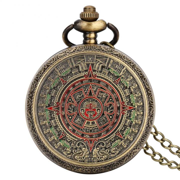 นาฬิกาพกควอตซ์เคลือบทองสัมฤทธิ์สไตล์ปฏิทิน-aztec-มายาจากเม็กซิกันพร้อมสร้อยคอขนาด80ซม-38ซม