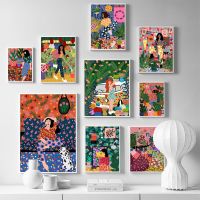 Chic Vintage Abstract Wall Art: สาวแฟชั่น,ภาพวาดผ้าใบพืชและสุนัขสำหรับห้องนั่งเล่นตกแต่งบ้าน