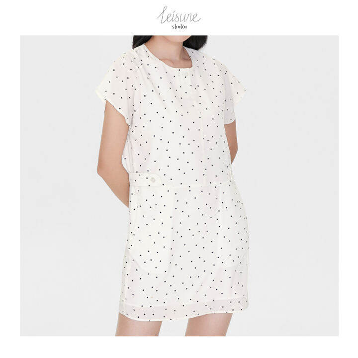 shaka-leisure-ss21-polka-dot-mini-dress-เดรสสั้นแขนในตัว-คอกลม-สาบกระดุมหน้า-ds-l210314