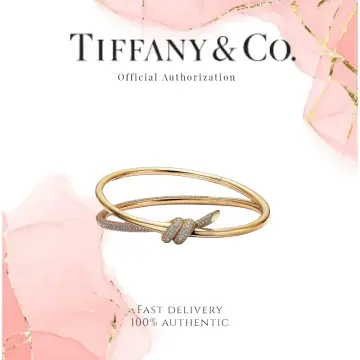 Tiffany Knot Double Row Hinged Bangle Bracelet in Rose Gold with Diamonds, Size: Medium