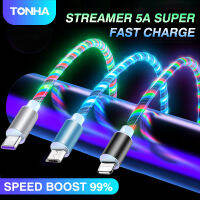 TONHA สายชาร์จเร็ว5A LED,สายชาร์จ USB แบบไหลเรืองแสงสายข้อมูลสีสันสดใสสำหรับ iPhone Android