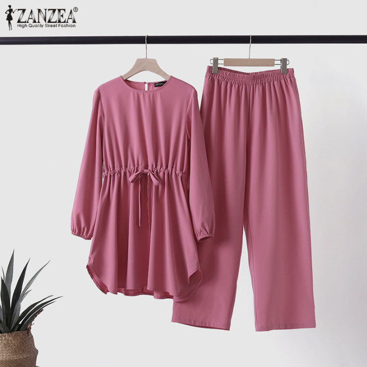 momonaco-zanzea-muslimah-womens-muslim-ismaic-outfits-puff-long-sleeve-a-line-blouse-elastic-wist-pants-suit-2pcs