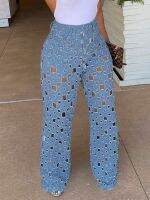 Chic Hallow Out High Waist Wide Leg Jeans Women Casual Denim Pants