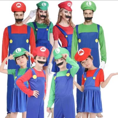 Anime Game Super Luigi Brothers Cosplay Costume Adult Childrens Jumpsuit Beard Hat Set Halloween Performance Costume
