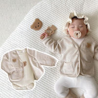 Korean Newborn Baby Romper Cute Plush Bear Print Baby Coat Boy Cardigan Ribbing Romper Costume Uni Clothes Overall Jumpsuit