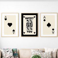 Retro Aesthetic Lucky You โปสเตอร์,Ace Card Wall Art ภาพวาดผ้าใบ,ภาพนอร์ดิก,เหมาะสำหรับห้องนั่งเล่นตกแต่งบ้าน