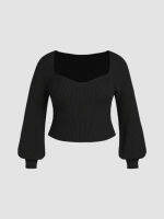 Cider Knit V-neck Solid Lantern Sleeve Top Curve &amp; Plus