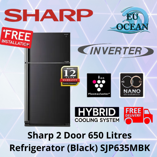 sharp 2 door 650 litres refrigerator black sjp635mbk