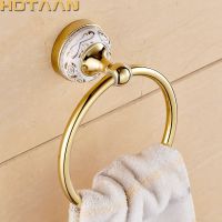 Blue White Porcelain Solid Brass Gold Finished Round Towel Ringceramic base Bathroom Accessories Towel Holder/rack YT-11891G