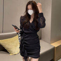 Korean Chic Temperament Elegant Slim V-neck Pleated Long-sleeved Ruffles Dress Mini Purple Wrap Hip Robe Sexy Vestidos Gentle