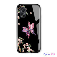 เคสใส่โทรศัพท์สำหรับ OPPO เคสแข็ง A38 A18แบบนิ่มขอบด้านหลังกระจกเทมเปอร์ลายดอกไม้ผีเสื้อไล่ระดับสี