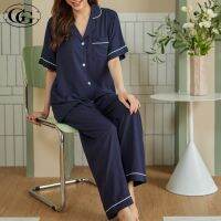 G&amp;G ชุดนอน เสื้อแขนสั้นคอปก + กางเกงขายาว ผ้า Spun Rayon สีกรม (NV) Nightwear รุ่น EN6P39