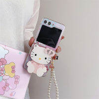 เคสฝาหลังเคสแบบฝาพับสำหรับ Samsung Galaxy Z แบบฝาพับ5น่ารักลาย Hello Kitty มีกระจกคาดตัวสำหรับผู้หญิงเคสโทรศัพท์เชือกห้อยประดับลูกแพร์รูปแบบใหม่ป้องกันการตก