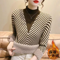 CXSC Store Striped Half-High Collar One-Piece Fleece Sweater Women S Fashion Fashion Foreign Style Plus Fleece Bottoming Shirt New Winter Inner Knitting