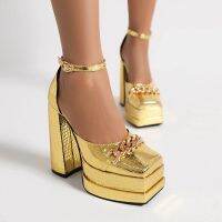 Plus Size Plaid Patent Leather Side Cut Out Women 39;s Sandals Metal Chain Decoration Ultra High Double Deck Platform Fashion Shoes