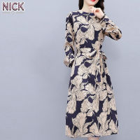 NICK 2023 Dress Model Baru เดรสมิดิพิมพ์ลายเชิ้ตแขนยาวคอปกตั้งเล็กเซ็กซี่แขนยาวหรูหราบาง