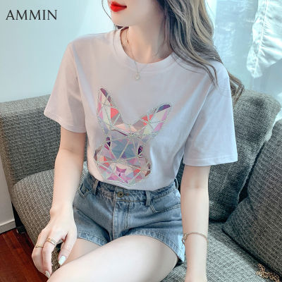 AMMIN เสื้อสตรีผ้าฝ้ายแท้ปั๊มลายเพชร,เสื้อคอกลมทรงหลวมเสื้อผู้หญิงหรูหราแขนสั้นประดับเพชรสไตล์เกาหลีคอลเลกชันฤดูร้อนปี2022