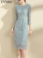 【YF】 EVNISI Elegant Women Lace Dress Three Quarter Sleeve Chic Summer A-LINE Office Dresses Hollow Out For Slim Party Vestido