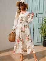 Women Spring Summer Style Chiffon Dresses Lady Casual Long Sleeve O-Neck Flower Printed Chiffon Dress Vestidos SS3803