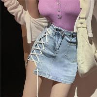 กางเกงขาสั้น Fashionable high-waisted denim skirt womens summer slit strappy hip A-line skirt